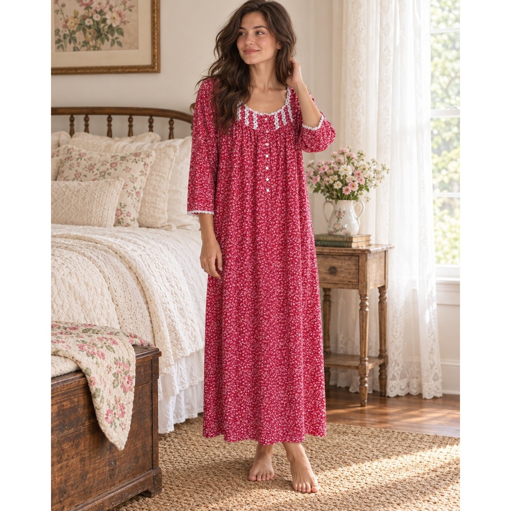 VINTAGE Eileen West Womens XS Nightgown Sleep Dress Red Floral Long Oversized